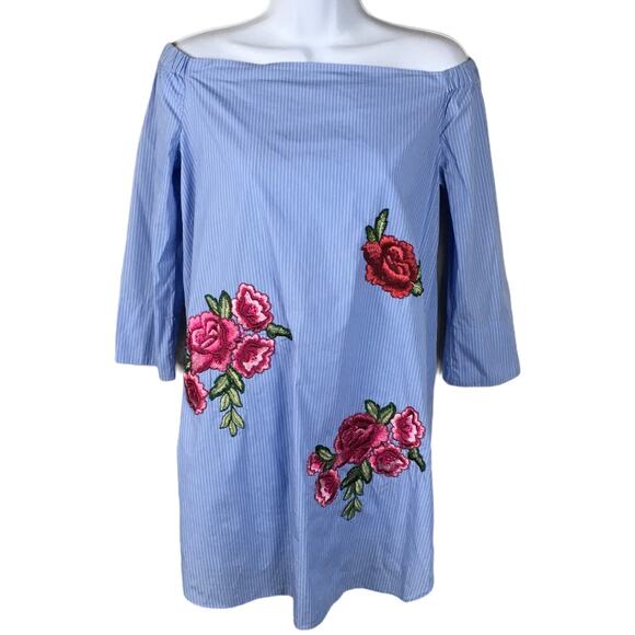 Zara Woman Tunic Dress Flower Embroidery Blue White Striped Women's S Casual‎ - Picture 1 of 9